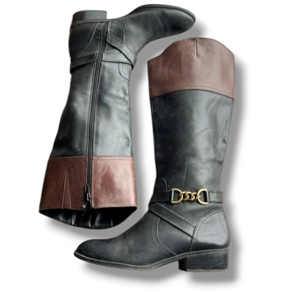 Ralph Lauren Menna Black Brown Chain Accent Tall Leather Riding Boots 6B